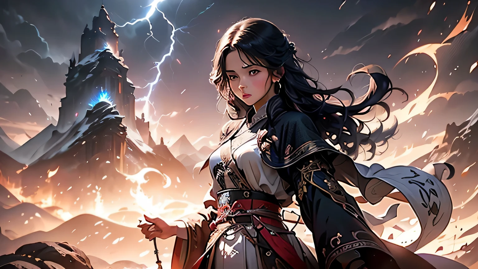 Mountains，magical scene,in the sky，magical，Magical，There is a young woman，Ready to fight，Lightning surrounds，The battle was fierce，Hanfu，Black long hair，White clothes，magic