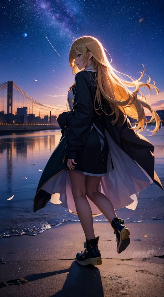 １people々々々々,Blonde long-haired woman，Long coat， Dress Silhouette， Rear View，Space Sky, comet, Anime Style, Dancing Petals，Night view of the town across the river from the beach，