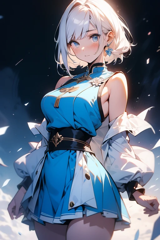 anime,1girl,pov,masterpiece,high quality,High resolution,HD,4K,8K,viscous paint,photo realistic,white hair,(Blue clothe:1.5),Nurse,(Ao Dai:1.2),Cape,(open shoulders:1.4),underbust,(breastshaping:1.2),(boob shaped clothes:1.3),mini tight Skirt,Clothes full of gaps