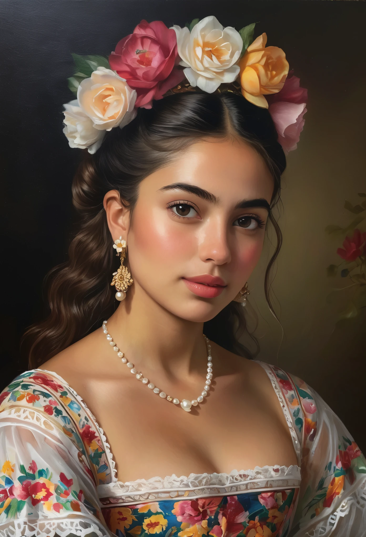 (ultra-detailed,photorealistic:1.37),(best quality,4k,8k,highres,masterpiece:1.2),oil painting,beautiful Mexican girl portrait,19th century,vibrant colors,soft lighting,detailed eyes and lips,long dark hair,delicate lace dress,rosy cheeks,flower hair accessory,pearl earrings,sophisticated pose,subtle smile,rich background,floral patterns,ornate frame