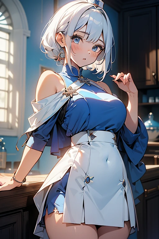 anime,1girl,pov,masterpiece,high quality,High resolution,HD,4K,8K,viscous paint,photo realistic,white hair,(Blue clothe:1.5),Nurse,(Ao Dai:1.2),Cape,(open shoulders:1.4),underbust,(breastshaping:1.2),(boob shaped clothes:1.3),mini tight Skirt,Clothes full of gaps