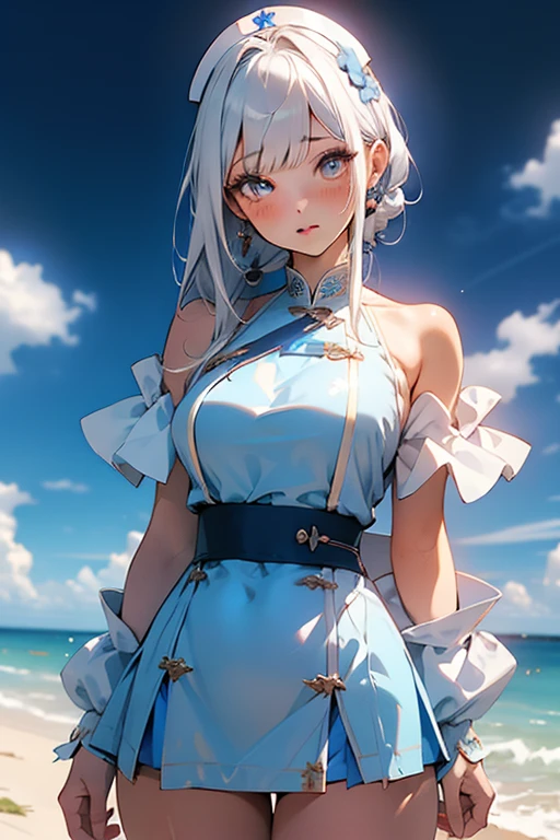 anime,1girl,pov,masterpiece,high quality,High resolution,HD,4K,8K,viscous paint,photo realistic,white hair,(Blue clothe:1.5),Nurse,(Ao Dai:1.2),Cape,(open shoulders:1.4),underbust,(breastshaping:1.2),(boob shaped clothes:1.3),mini tight Skirt,Clothes full of gaps