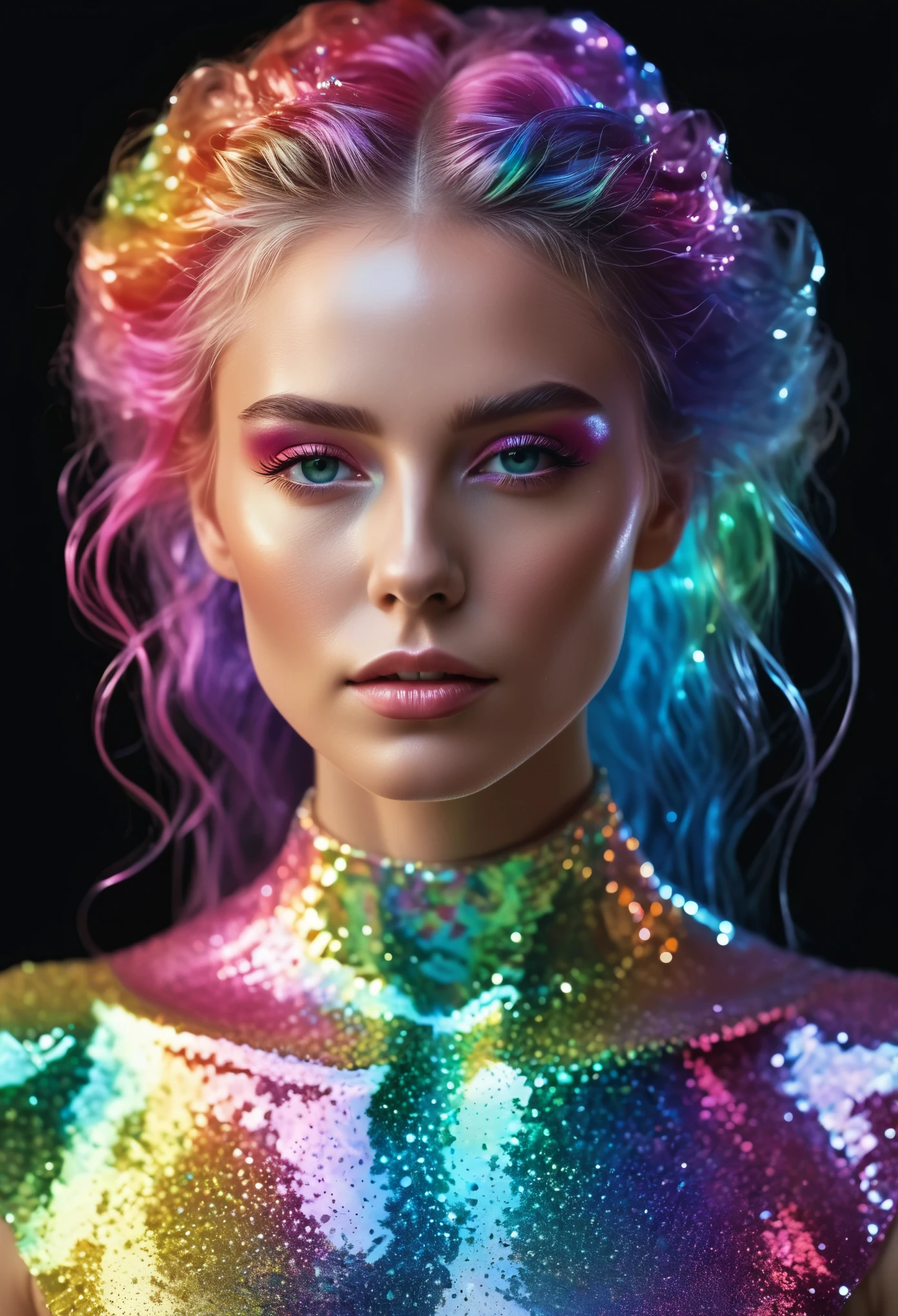 Realistic portraits,

Fantasy photos, Sharp focus，bust，

Woman made of sparkling transparent rainbow colors. (She is translucent:1.95), Seamlessly blends with air, Exudes crystal clear ethereal color, 

