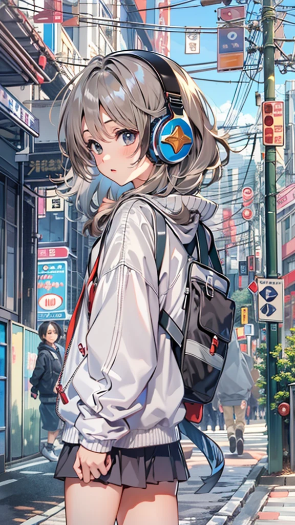 (masterpiece), (highest quality:1.4), (Ultra-high resolution:1.2),  Highly detailed background, (unity 8k wallpaper), Cute high school girl wearing headphones walking through the streets of Tokyo。Illustrations inspired by city pop culture、、Wear loose socks for a stylish and nostalgic look、Display one subject without splitting the screen、17 years old、tall