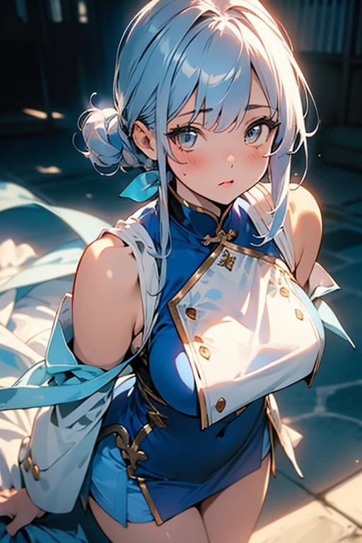 anime,1girl,pov,masterpiece,high quality,High resolution,HD,4K,8K,viscous paint,photo realistic,white hair,(Blue clothe:1.5),Nurse,(Ao Dai:1.2),Cape,(open shoulders:1.4),underbust,(breastshaping:1.2),(boob shaped clothes:1.3),mini tight Skirt,Clothes full of gaps