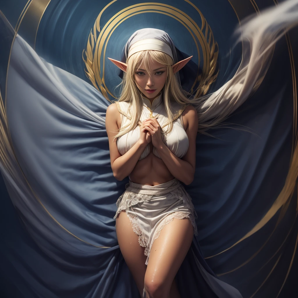 Standing, big breasts, plump, pretty face, thick body, blonde hair, hands covering eyes, seductive expression, showing a happy smile, showing armpits, masterpiece, super mass, 4k quality, high detail, elf mother, black nun turban, lace skirt, cleavage, white tights, sweaty, hands on the back of the head, lying on the ground, wet clothes, see-through, water vapor, elevation view, add_detail:1.5