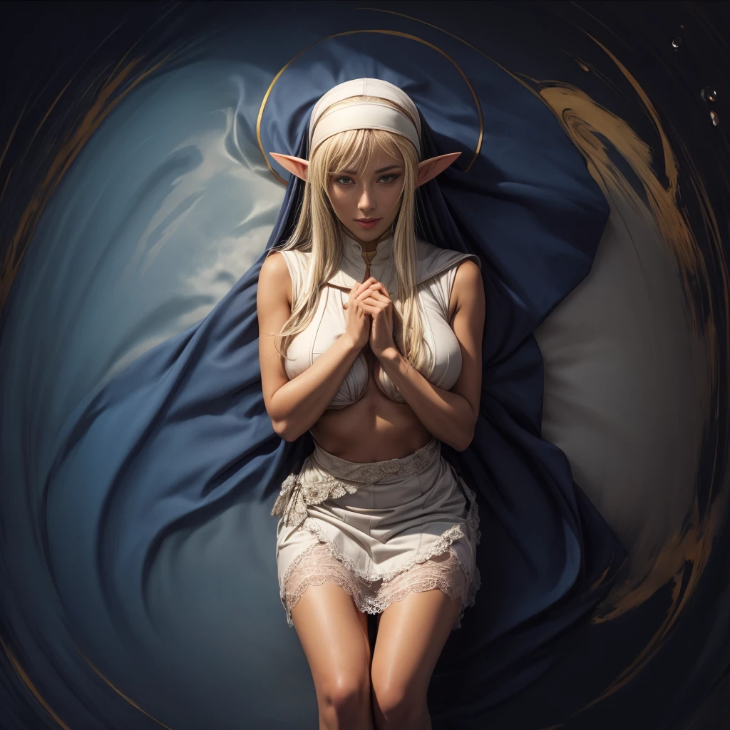 Standing, big breasts, plump, pretty face, thick body, blonde hair, hands covering eyes, seductive expression, showing a happy smile, showing armpits, masterpiece, super mass, 4k quality, high detail, elf mother, black nun turban, lace skirt, cleavage, white tights, sweaty, hands on the back of the head, lying on the ground, wet clothes, see-through, water vapor, elevation view, add_detail:1.5