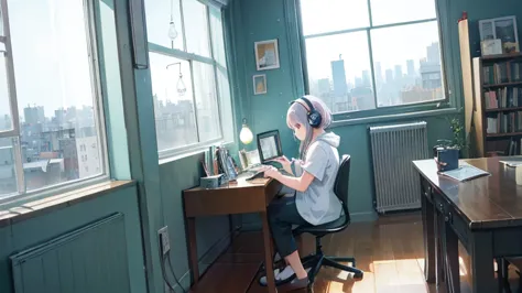 ((highest quality)), ((masterpiece)), (detailed), perfect face ,anime girl sitting at a table with laptop and headphones,  zero,...