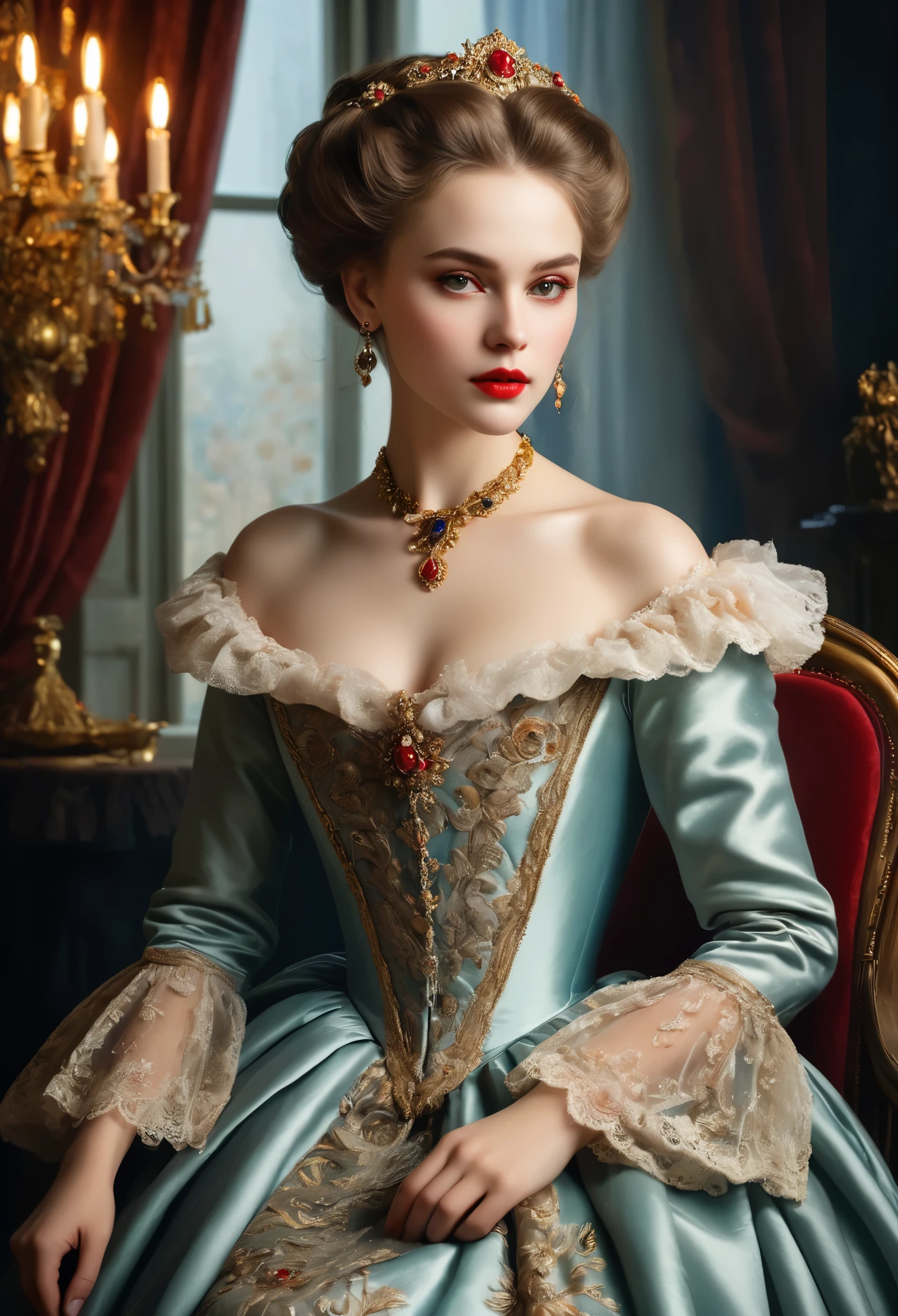 (highres,masterpiece:1.2),(realistic:1.37)A portrait of a Russian vampire girl in the 18th century with unparalleled beauty. She has mesmerizing red eyes and delicate rosy lips. long fangs, The portrait is meticulously detailed, capturing every subtle nuance of her features. She is adorned in an exquisite silk gown, embellished with intricate lace and delicate embroidery. The painting showcases the opulence of the era, with lush velvet curtains and gilded furniture in the background. The lighting is soft and diffused, accentuating the girl's ethereal beauty. The colors are vibrant and rich, creating a captivating visual experience. The portrait is created in the style of classical portraiture, reminiscent of the works of renowned artists from the era. It exudes elegance, grace, and sophistication.