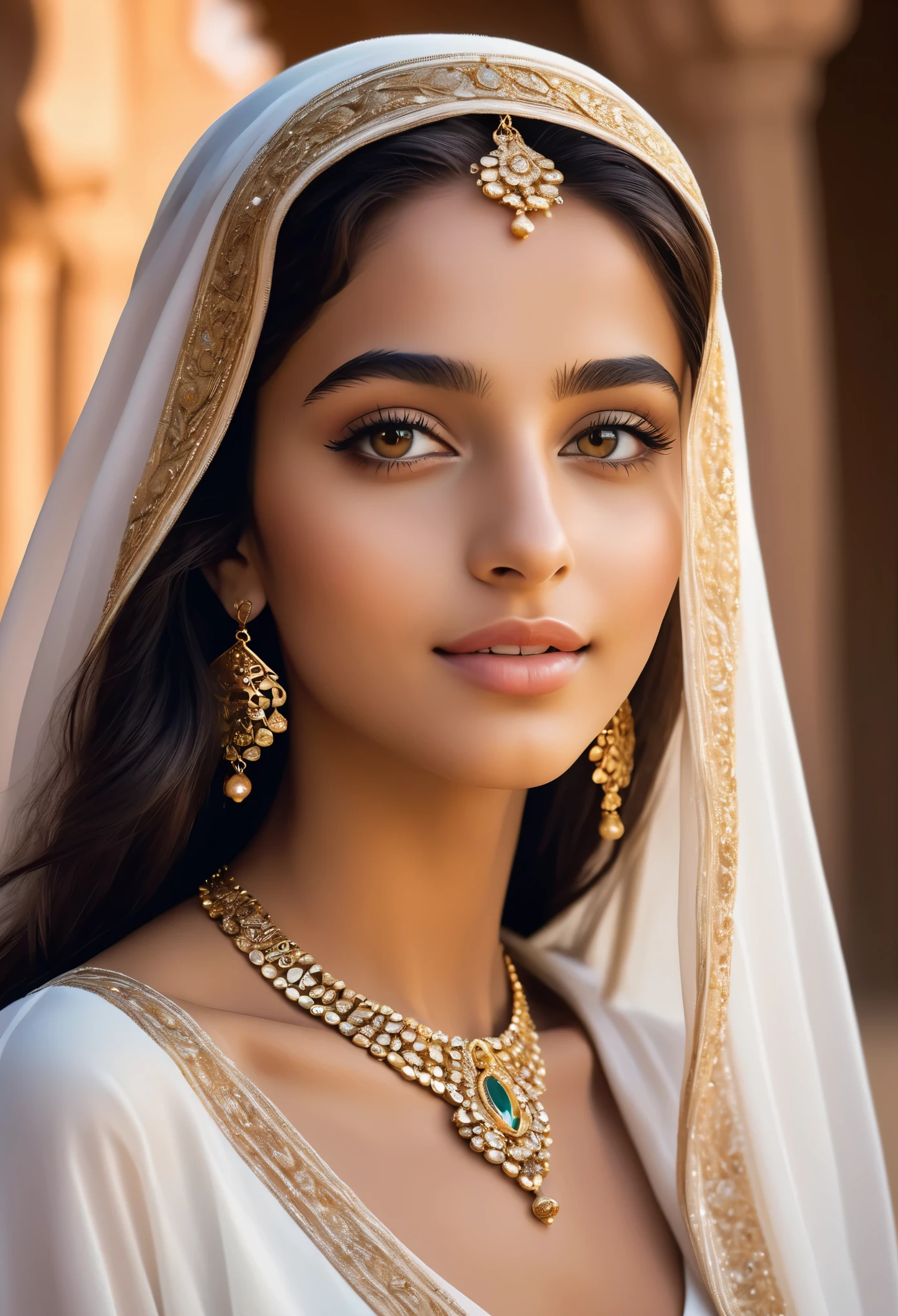 (ultra-detailed,photorealistic:1.37),(best quality,4k,8k,highres,masterpiece:1.2), This 16-year-old Saudi Arabian girl is a vision of ethereal beauty, captivating all who gaze upon her. Her long, flowing jet-black hair cascades down her shoulders like a shimmering waterfall, framing her delicate features with an air of mystery and allure. Her eyes, deep pools of darkness, hold a universe of secrets within them, twinkling with the wisdom of ages beyond her years.

Her skin, kissed by the desert sun, glows with a radiant warmth, reminiscent of the golden sands of her homeland. Each delicate curve of her face is sculpted with perfection, her high cheekbones catching the light in a breathtaking display of elegance.

As she smiles, it's as if the whole world lights up around her, her laughter echoing like music in the wind. Her attire, adorned with intricate patterns and delicate fabrics, drapes her slender frame like a work of art, enhancing rather than overshadowing her natural beauty.

In her presence, time seems to stand still, as if she's stepped out of a fairy tale and into reality, a true embodiment of grace and charm. This 16-year-old Saudi Arabian girl is not just beautiful; she's a living, breathing masterpiece, a testament to the boundless wonders of the human form.