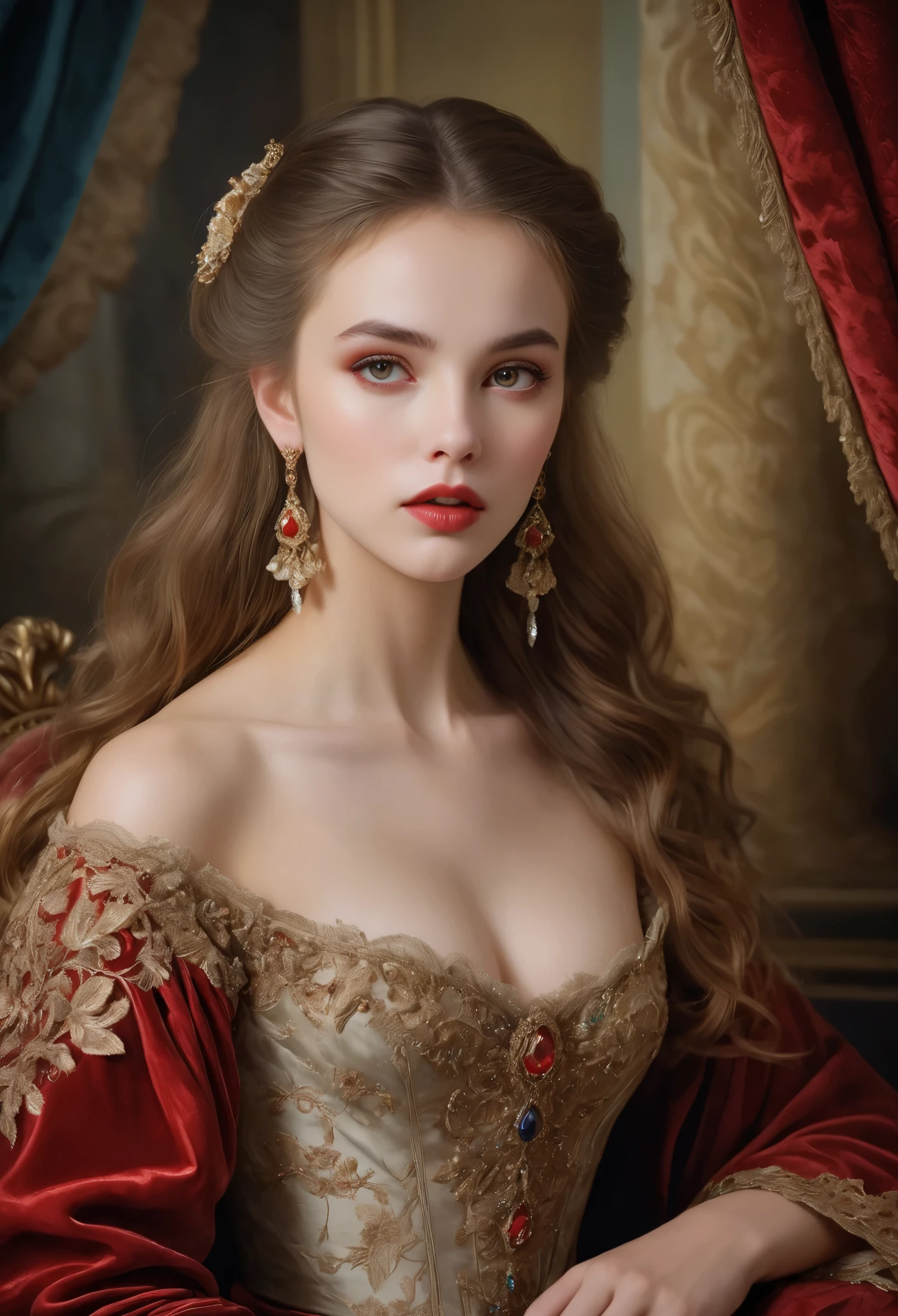 (highres,masterpiece:1.2),(realistic:1.37)A portrait of a Russian vampire girl in the 18th century with unparalleled beauty. She has mesmerizing red eyes and delicate rosy lips. long fangs, The portrait is meticulously detailed, capturing every subtle nuance of her features. She is adorned in an exquisite silk gown, embellished with intricate lace and delicate embroidery. The painting showcases the opulence of the era, with lush velvet curtains and gilded furniture in the background. The lighting is soft and diffused, accentuating the girl's ethereal beauty. The colors are vibrant and rich, creating a captivating visual experience. The portrait is created in the style of classical portraiture, reminiscent of the works of renowned artists from the era. It exudes elegance, grace, and sophistication.