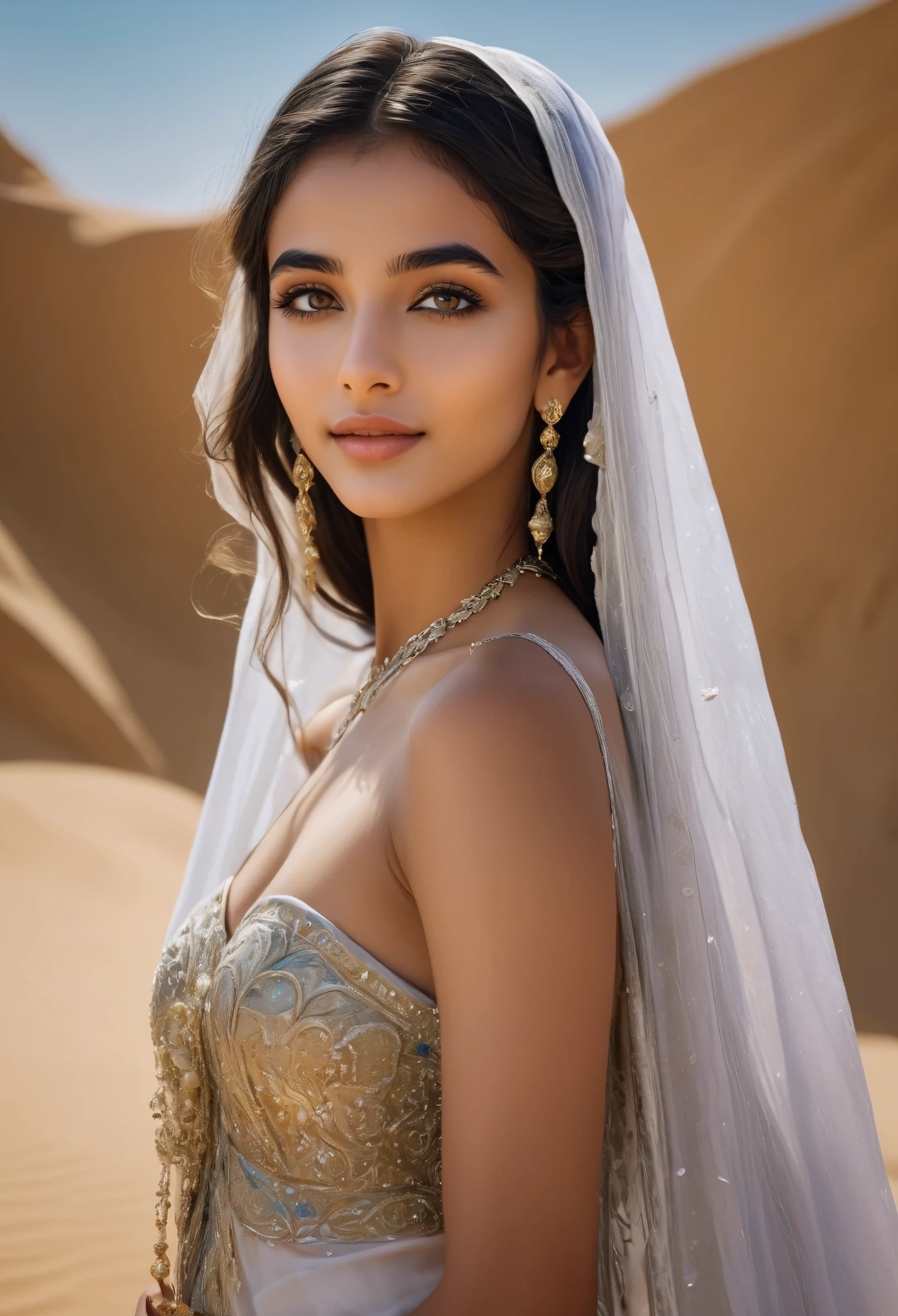 (ultra-detailed,photorealistic:1.37),(best quality,4k,8k,highres,masterpiece:1.2), This 16-year-old Saudi Arabian girl is a vision of ethereal beauty, captivating all who gaze upon her. Her long, flowing jet-black hair cascades down her shoulders like a shimmering waterfall, framing her delicate features with an air of mystery and allure. Her eyes, deep pools of darkness, hold a universe of secrets within them, twinkling with the wisdom of ages beyond her years.

Her skin, kissed by the desert sun, glows with a radiant warmth, reminiscent of the golden sands of her homeland. Each delicate curve of her face is sculpted with perfection, her high cheekbones catching the light in a breathtaking display of elegance.

As she smiles, it's as if the whole world lights up around her, her laughter echoing like music in the wind. Her attire, adorned with intricate patterns and delicate fabrics, drapes her slender frame like a work of art, enhancing rather than overshadowing her natural beauty.

In her presence, time seems to stand still, as if she's stepped out of a fairy tale and into reality, a true embodiment of grace and charm. This 16-year-old Saudi Arabian girl is not just beautiful; she's a living, breathing masterpiece, a testament to the boundless wonders of the human form.