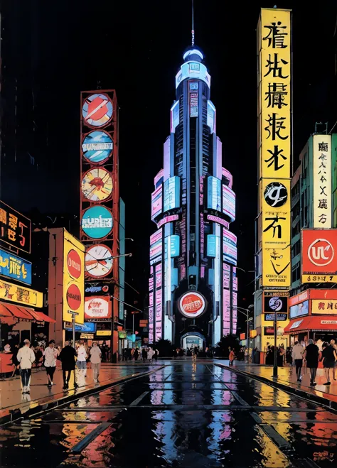 Abstract Painting、Cyberpunk cityscape、Wet asphalt、Late Night、Geometric pattern、signboard、Neon Signs、cubism、Bauhaus、amazing、Compl...