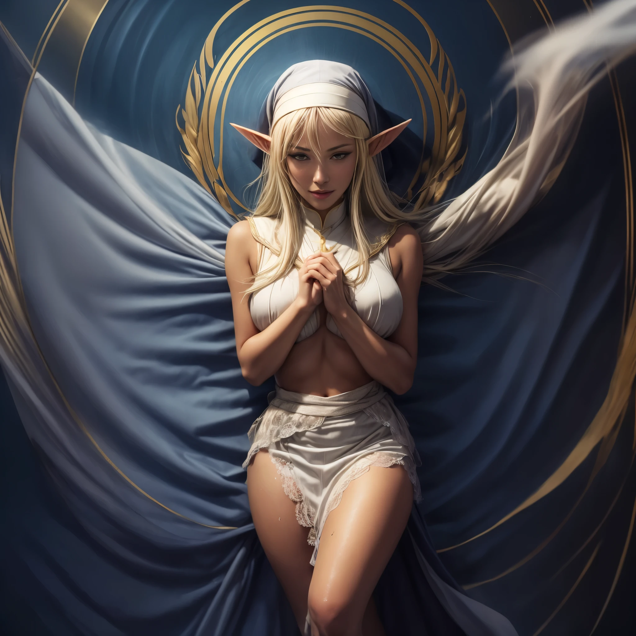 Standing, big breasts, plump, pretty face, thick body, blonde hair, hands covering eyes, seductive expression, showing a happy smile, showing armpits, masterpiece, super mass, 4k quality, high detail, elf mother, black nun turban, lace skirt, cleavage, white tights, sweaty, hands on the back of the head, lying on the ground, wet clothes, see-through, water vapor, elevation view, add_detail:1.5