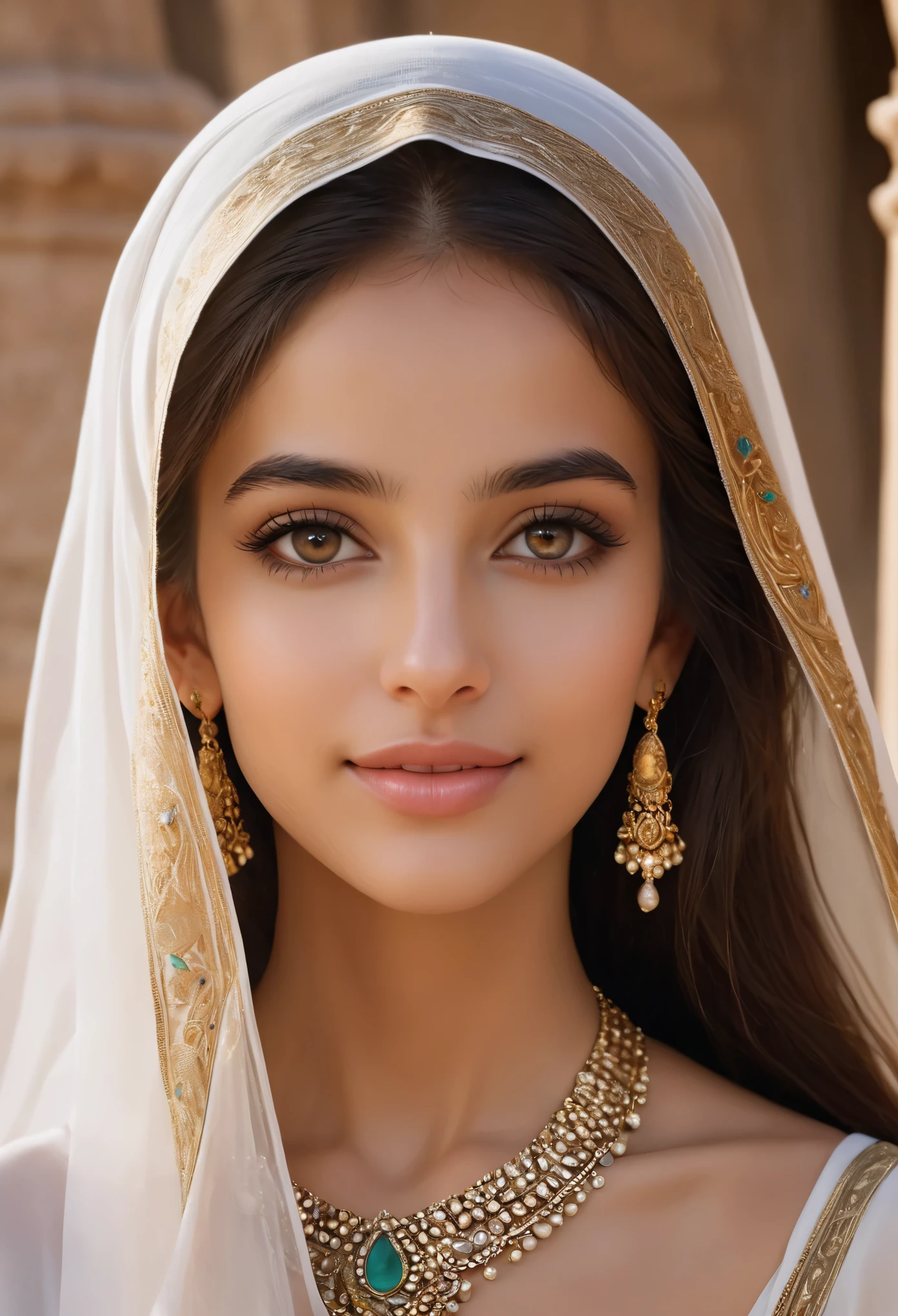 (ultra-detailed,photorealistic:1.37),(best quality,4k,8k,highres,masterpiece:1.2), This 16-year-old Saudi Arabian girl is a vision of ethereal beauty, captivating all who gaze upon her. Her long, flowing jet-black hair cascades down her shoulders like a shimmering waterfall, framing her delicate features with an air of mystery and allure. Her eyes, deep pools of darkness, hold a universe of secrets within them, twinkling with the wisdom of ages beyond her years.

Her skin, kissed by the desert sun, glows with a radiant warmth, reminiscent of the golden sands of her homeland. Each delicate curve of her face is sculpted with perfection, her high cheekbones catching the light in a breathtaking display of elegance.

As she smiles, it's as if the whole world lights up around her, her laughter echoing like music in the wind. Her attire, adorned with intricate patterns and delicate fabrics, drapes her slender frame like a work of art, enhancing rather than overshadowing her natural beauty.

In her presence, time seems to stand still, as if she's stepped out of a fairy tale and into reality, a true embodiment of grace and charm. This 16-year-old Saudi Arabian girl is not just beautiful; she's a living, breathing masterpiece, a testament to the boundless wonders of the human form.