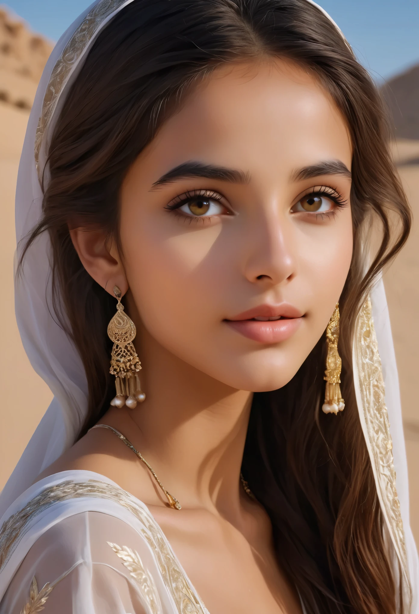 (超詳細,写実的な:1.37),(最高品質,4K,8k,高解像度,傑作:1.2), この16歳のサウジアラビアの少女は、この世のものとは思えないほどの美しさを放っている。, 彼女を見つめるすべての人を魅了する. 彼女の長い, 流れるような漆黒の髪が、きらめく滝のように彼女の肩に流れ落ちる。, 彼女の繊細な顔立ちを神秘的で魅力的な雰囲気で縁取る. 彼女の目, 深い闇の淵, 彼らの中には秘密の宇宙が眠っている, 彼女の年齢を超えた時代の知恵がきらめいている.

彼女の肌, 砂漠の太陽にキスされて, 輝く暖かさで輝く, 故郷の黄金の砂浜を彷彿とさせる. 彼女の顔の繊細な曲線はどれも完璧に彫刻されている, 彼女の高い頬骨が光を捉え、息を呑むほどの優雅さを披露している.

彼女が微笑むと, まるで彼女の周りで世界全体が明るくなったかのよう, 彼女の笑い声は風に吹かれて音楽のように響いた. 彼女の服装, 複雑なパターンと繊細な生地で飾られています, 彼女の細い体は芸術作品のように覆われている, 彼女の自然な美しさを損なうのではなく、引き立てる.

彼女の存在の中で, 時間が止まったようだ, まるでおとぎ話から現実に飛び出したかのよう, 優雅さと魅力の真の体現. この16歳のサウジアラビアの少女は美しいだけではない; 彼女は生きている, breathing 傑作, 人間の形態の無限の驚異の証.