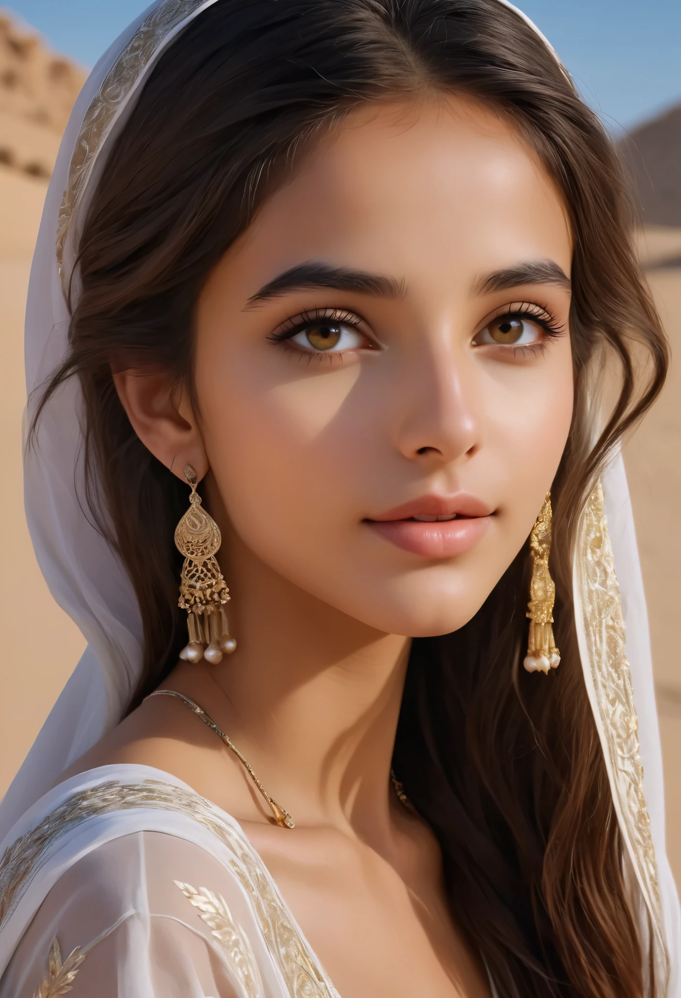 (ultra-detailed,photorealistic:1.37),(best quality,4k,8k,highres,masterpiece:1.2), This 16-year-old Saudi Arabian girl is a vision of ethereal beauty, captivating all who gaze upon her. Her long, flowing jet-black hair cascades down her shoulders like a shimmering waterfall, framing her delicate features with an air of mystery and allure. Her eyes, deep pools of darkness, hold a universe of secrets within them, twinkling with the wisdom of ages beyond her years.

Her skin, kissed by the desert sun, glows with a radiant warmth, reminiscent of the golden sands of her homeland. Each delicate curve of her face is sculpted with perfection, her high cheekbones catching the light in a breathtaking display of elegance.

As she smiles, it's as if the whole world lights up around her, her laughter echoing like music in the wind. Her attire, adorned with intricate patterns and delicate fabrics, drapes her slender frame like a work of art, enhancing rather than overshadowing her natural beauty.

In her presence, time seems to stand still, as if she's stepped out of a fairy tale and into reality, a true embodiment of grace and charm. This 16-year-old Saudi Arabian girl is not just beautiful; she's a living, breathing masterpiece, a testament to the boundless wonders of the human form.