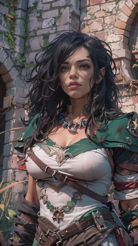 ((Beautiful female orc, green skin, slightly muscular, high, Long black curly hair, bare chest, standing nipples, Emerald green ...