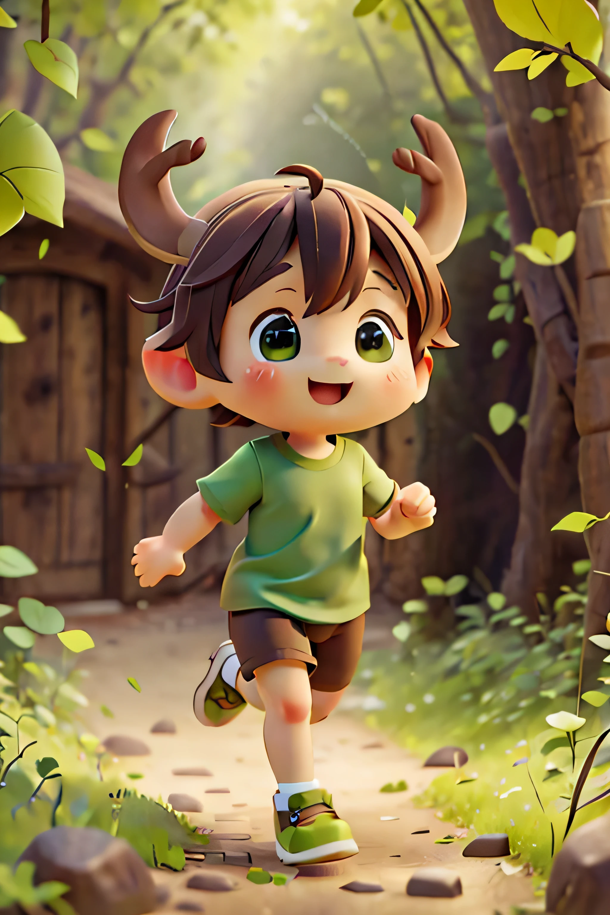 Little deer, cute, cheerful, wearing a green t-shirt, wearing running shoes, running happily, with no background.