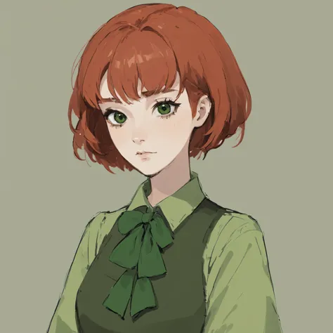 Young woman, Red hair, short hair, green bow, black eyes, green clothes, clothes with brown elements.
