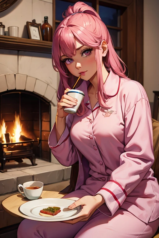 A pink haired woman with violet eyes with an hourglass figure in cute pajamas is drinking tea by a fireplace