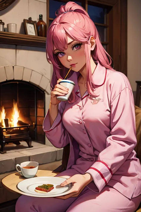 a pink haired woman with violet eyes with an hourglass figure in cute pajamas is drinking tea by a fireplace