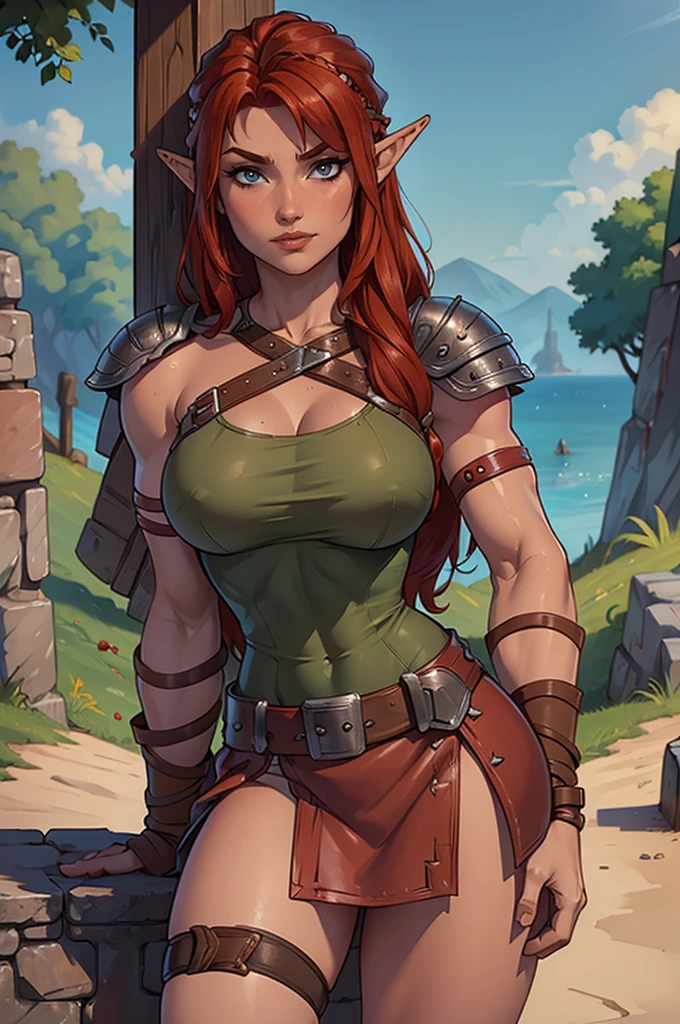 ((8k, masterpiece, very detailed)) Female barbarian elf, red hair, leather skirt ((armor:1.2))