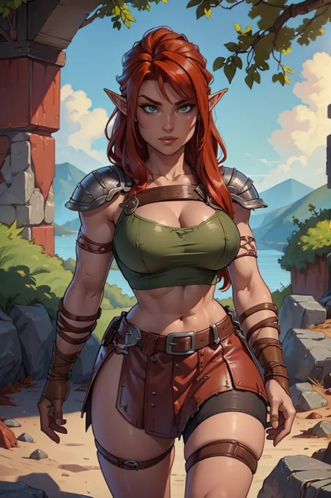 ((8k, masterpiece, very detailed)) Female barbarian elf, red hair, leather skirt ((armor:1.2))