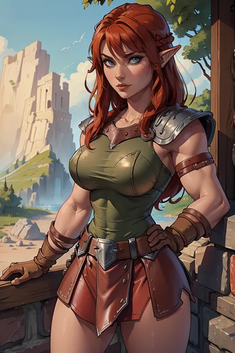 ((8k, masterpiece, very detailed)) female barbarian elf, red hair, leather skirt ((armor:1.2))