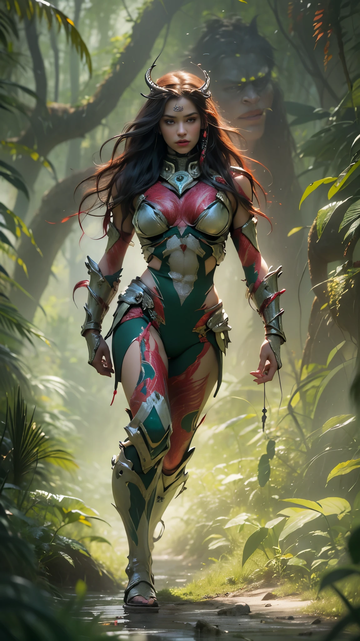 1 female alien, The predator, (incredibly beautiful:1.2), (gaze:1.4), (predator:1.1), long dark claws, (NFV:1), nipples, thick eyebrows, (She has sparkling emerald green eyes:1.2), the most beautiful face in the universe, Red hair, symmetrical beautiful eyes, hyper detailed eyes,

A woman predator with an incredibly beautiful face, her gaze fixed on her prey, primal force, which cannot be denied.

(Beautiful slim body:1.5), (muscular build:1.2), (wandering:1.3), (smooth movements:1.4)

Her beautiful body, muscular and fit, moved with graceful grace, wander along, ready to strike at any moment. The predator within her was always on,                                                                          
                                                                                                                                                               
 Cinematic drawing of characters, ultra high quality model, Cinematic quality, detail, (complex parts:1.2), a high resolution, a high resolution, conscientiously drawing, official art, Unity 8K Стена , 8K portrait, Best quality, Very a high resolution, ultra detailed artistic photography,