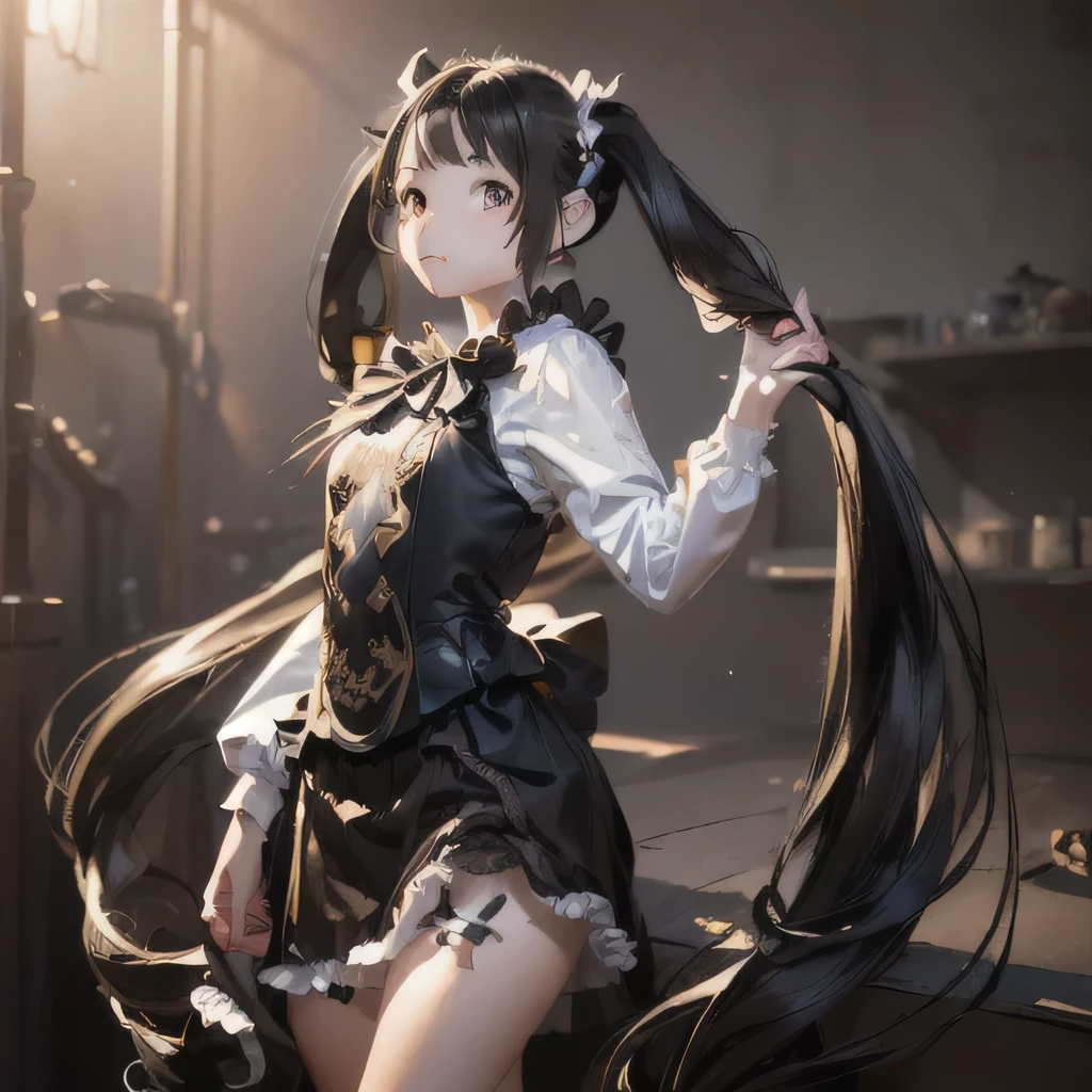 (((masterpiece))),(((highest quality))),(((Very detailed))), (Very realistic illustrations:1.8), (very long hair that reaches down to the calves:1.5), (Twin tails:1.5), (beautiful little brown black hair:1.5), (Fine hair:1.3), high viscosity water, ((short stature)), (small breasts), Light clothing