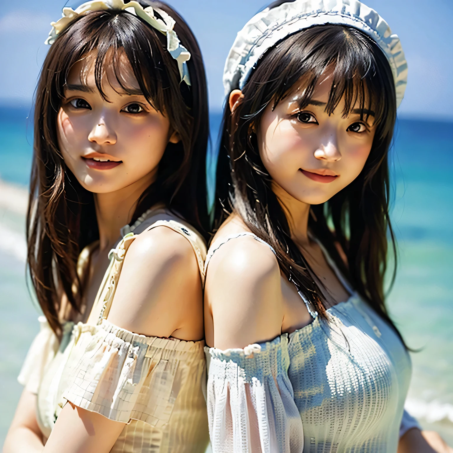 (8k、Raw photo、highest quality、masterpiece:1.2),(((Two Girls,duo,caress,At the Beach))),、Super detailed、Super Resolution、(Ultra-realistic:1.4)、（Blowing a kiss as a camera）From the above、Camera shot from above、Shooting from a top camera angle、I look at this with my eyes、Arms stretched out、spread both arms wide、Use high-quality images taken from the sky with a camera、(Girl on the Beach 1 5 digits:1.3)、、Offshore Girls（Dreamy lighting）Head to waist、、White skin、color proofreading for white woman、Ultra HD、、Beautiful woman proofreading against the light、Amazing details、Highly detailed beautiful girls、(Various patterns of faces 1:1.2)、(Various facial expressions of emotion 1:1.3)、Each hairstyle has its own characteristics、color々Hairstyle、color々The hair color shines with a beautiful luster.、I love fishing on a boat.、Shiny brown hair、One of them has a ponytail、、Modern and cute girl、Highly detailed face、Highly detailed eyes、Extremely realistic skin、 Highly detailed fingers, Highly detailed nose, Highly detailed mouth, Perfect Anatomy, (Off-the-shoulder Lolita outfit 1:1.2)、、Sparkling hair details、Smile with hot teeth、Realistic body, White skin, Glowing Skin, The body is slim, Straight long hair, (Blunt bangs:1.2), , nixeu and sakimichan, 2 times, seifuku, sakimichan, Promotional Steel, Larisa Manovar, Alena Aenami and Lilia Alvarado