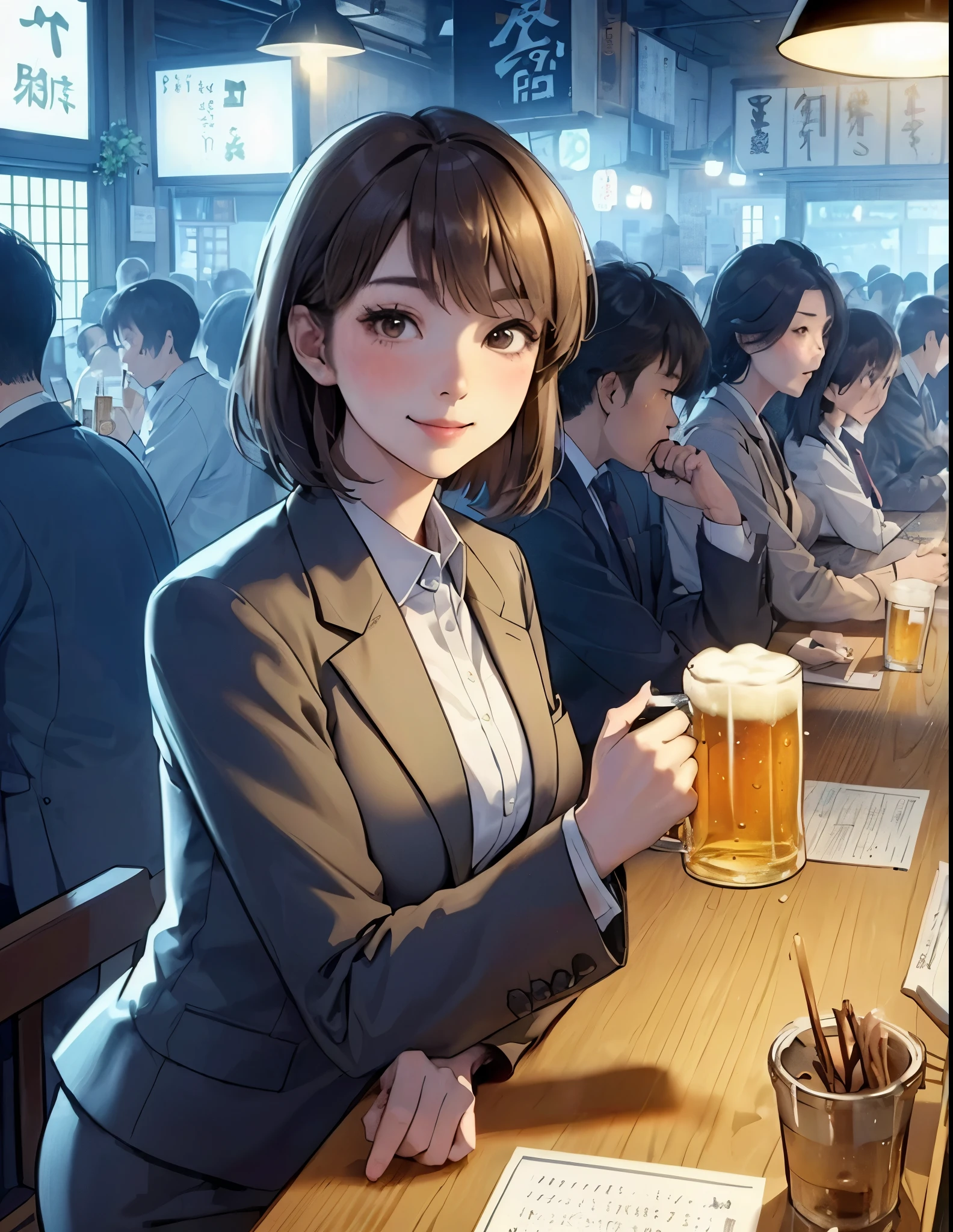 Anime girl sitting at a table with a beer in her hand - SeaArt AI