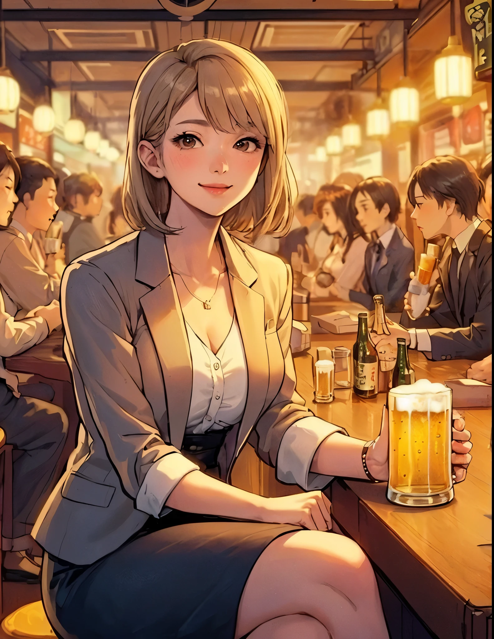 Anime girl sitting at a bar with a glass of beer - SeaArt AI