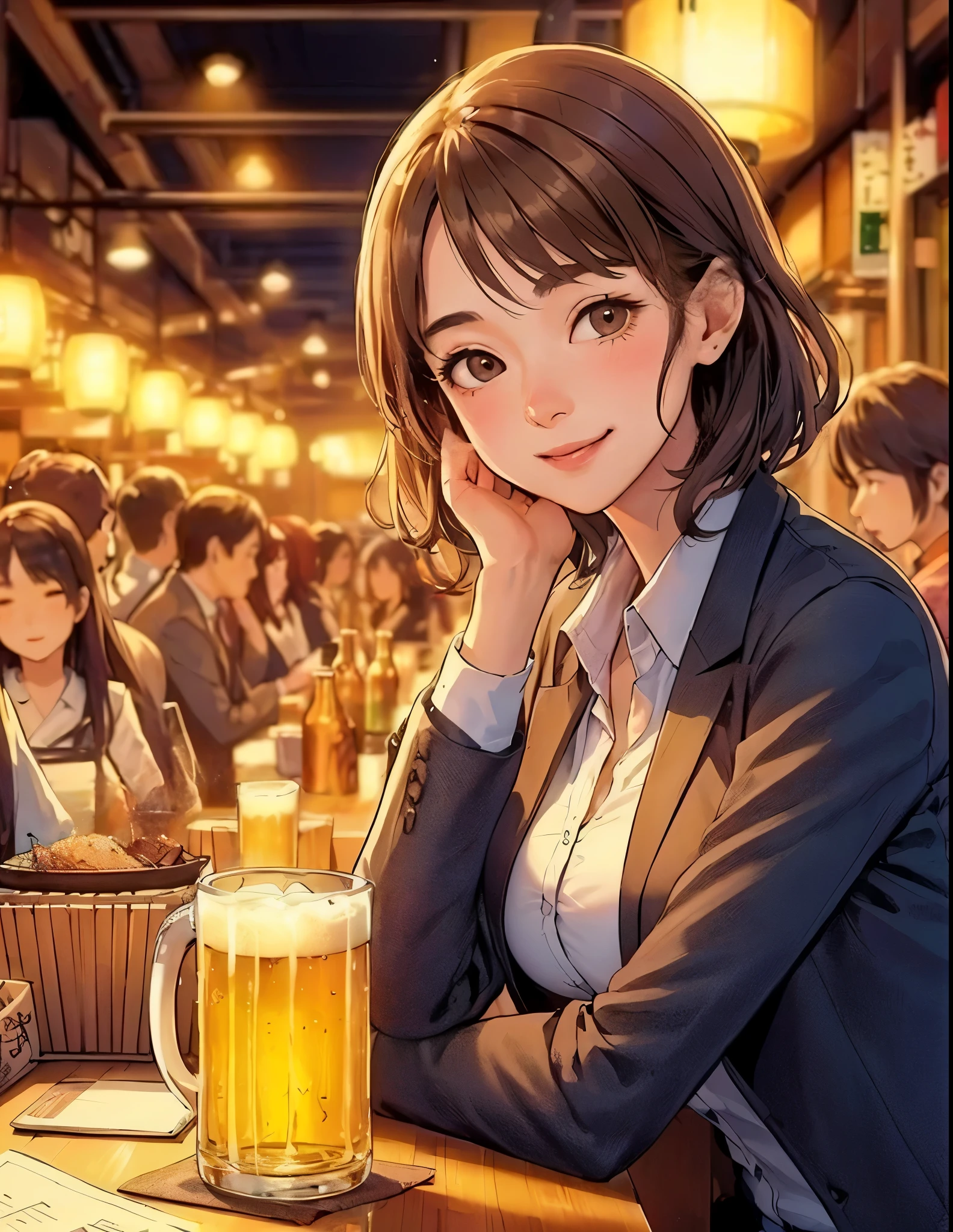 Anime girl sitting at a table with a beer in a restaurant - SeaArt AI