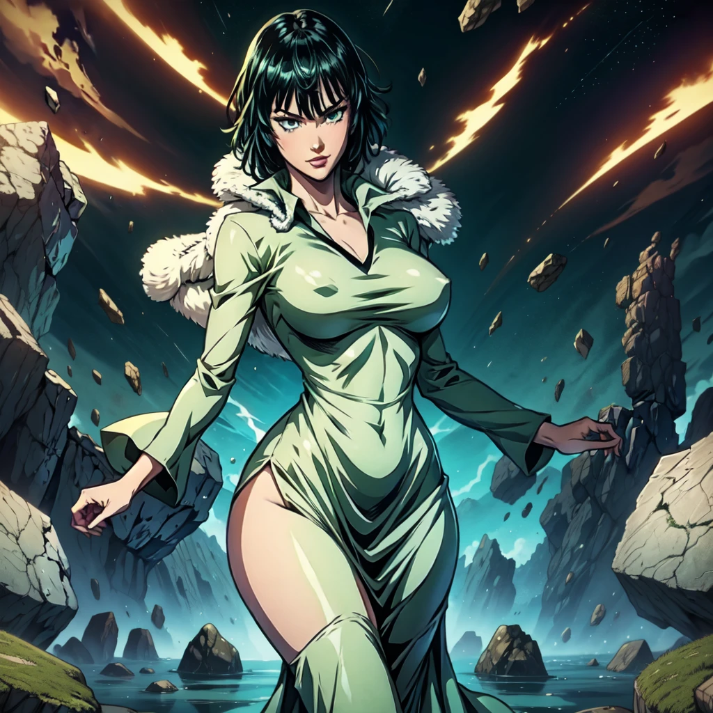 Anime art style, Fubuki from one punch man, green hair, white skin, wearing V-neck dress, flying over destroyed rock, cinematic lights, blushing cheeks, ligth smiling, detailed small breast, wide hips, NSFW, cowboy shot.