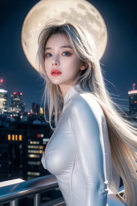 (masterpiece, 4K resolution, Surreal, Very detailed), (White costume superhero theme, Charming, girl on top of city, Wearing whi...