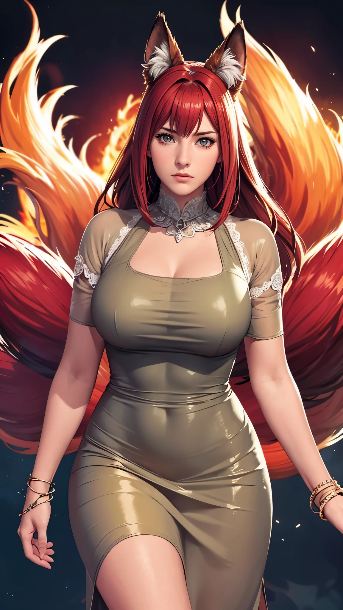 （（（完美chiffre，chiffre，（（（A giant renard stands behind a woman，peau blanche，Kurama,Cheval pommelé, muscles abdominaux, les yeux rouges, oreilles d&#39;animaux, poils, sclère colorée, renard ears, renard girl, renard queue, poilu, poilu female, renard, multiple queues, Musclé, nombril, fourrure orange, permanent, queue, Ton, （（（chemise, robe, manches courtes, tablier, Bracelet, green tablier, collier,））），））），（（（Kushina, cheveux longs, ornement de cheveux, cheveux roux, pince à cheveux, (Yeux gris:1.5), ））），((chef-d&#39;œuvre)),haute résolution, ((Best qualité at best))，chef-d&#39;œuvre，qualité，Best qualité，（（（ Des traits du visage exquis，En regardant le public,Il y a de la lumière dans les yeux，(（（douleur, patience, se mordre les lèvres））)，））），型chiffre:1.7））），（（（lumière et ombre，Des seins énormes））），（（（en regardant la caméra，fond noir，）））