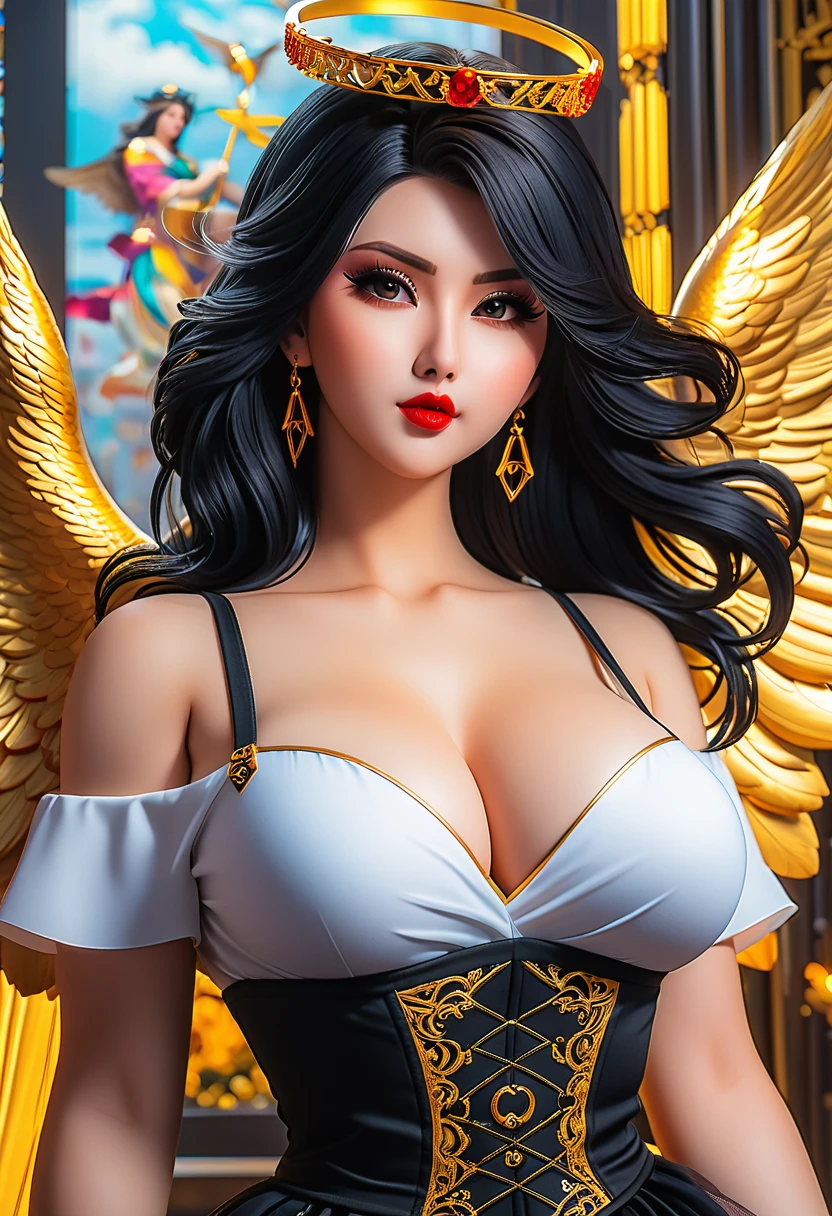 In a mesmerizingly portrayal, thick women busty, a glam-goth goddess angel her Age 28, clean skin,her figure is curvy and well proportional, midriff, trending on cgsociety, epic, trending on artstation, highly detailed, vibrant, production cinematic character render, ultra-high-quality model, golden ratio manhwa, manhua, background mysterious, does not produce same dress ,image when remixed.