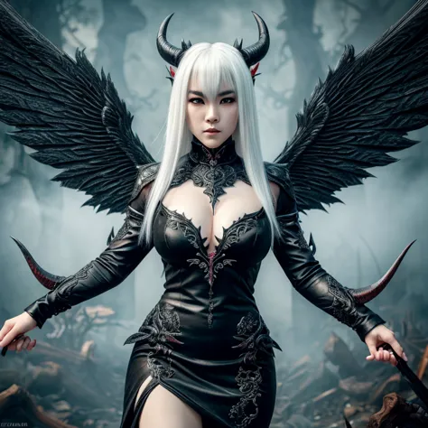 1 female demon, Japanese, Asian eyes, horned, ultra-detailed face and eyes, white hair, hyper-realistic, realistic depiction, 30...