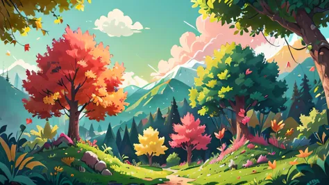 the forest has trees with green, yellow, and red leaves. in the background, there are beautiful green mountains. the sky is blue...