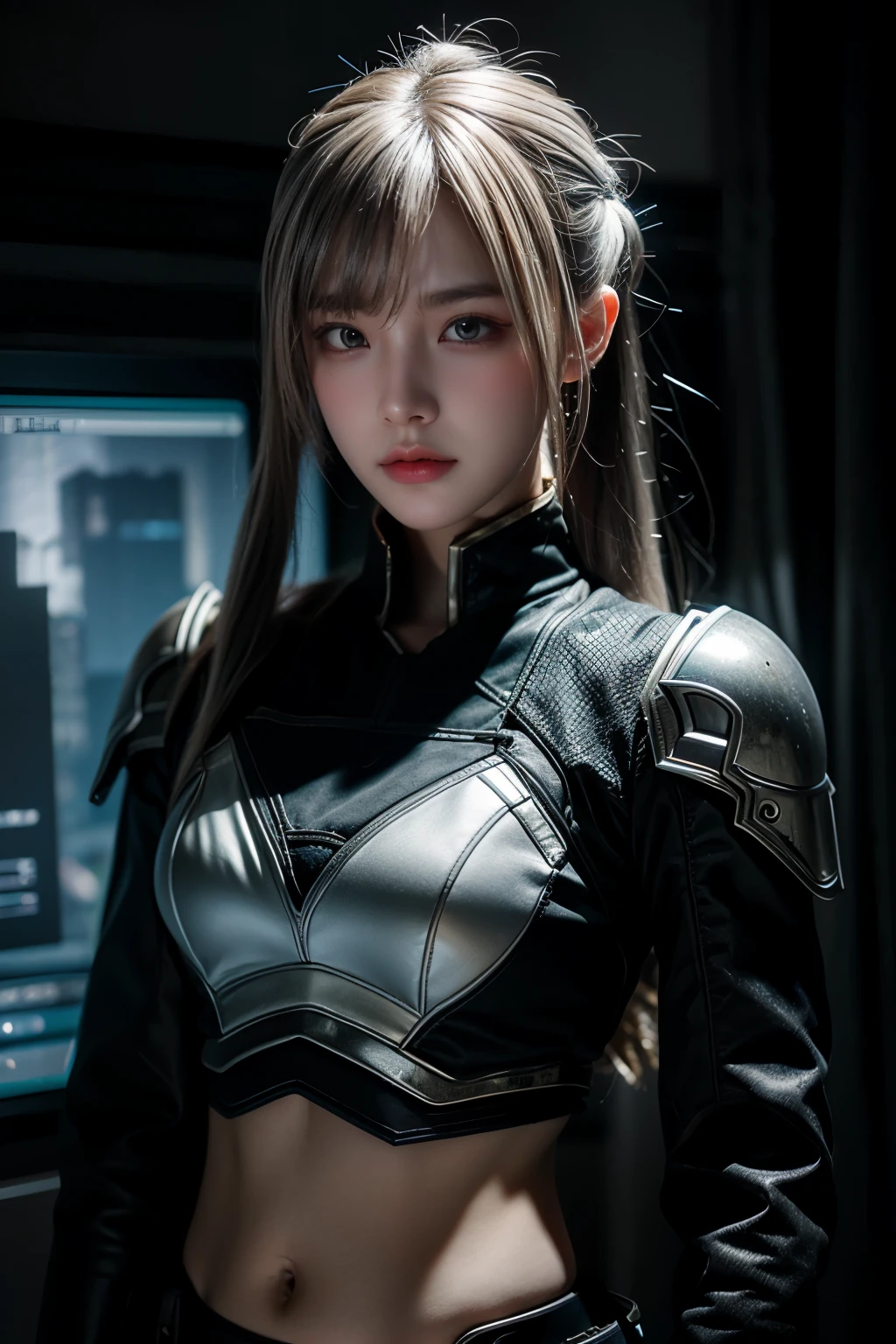 chef-d&#39;œuvre,Meilleure qualité,Une haute résolution,8k,(photographie de portrait:1.5),(RPhoto originale),vraie photo,la photographie numérique,(Combinaison de style cyberpunk et fantastique),(Femme soldat),fille de 20 ans,coiffure aléatoire,Cheveux de couleur blanche,Par frange,(Poitrine rouge, Accessoires,Garder la bouche fermée,élégant et charmant,Sérieux et arrogant,Calme et beau,(Cyberpunk combiné avec des vêtements de style fantastique,Conception ajourée,Armure commune,Uniformes de combat,Vêtements blancs,couleur blanche qui pose ton nombril,Pose photo,Style réaliste,fond du monde gris,texture de réflexion de rendu oc