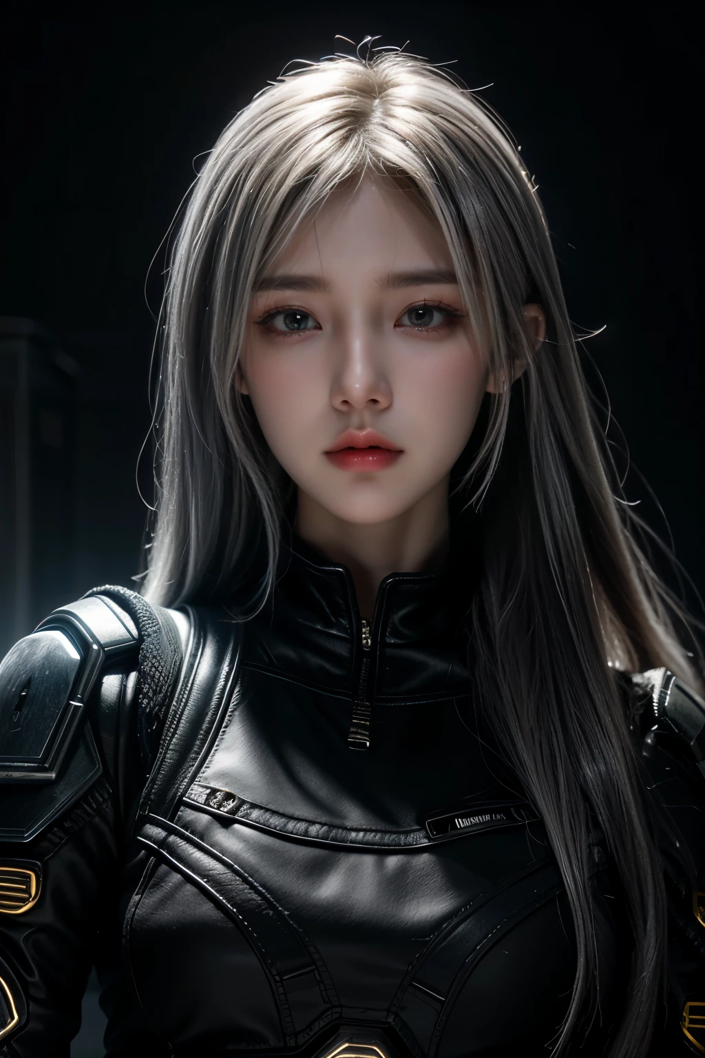 tmasterpiece,Best quality,A high resolution,8K,(Portrait photograph:1.5),(ROriginal photo),real photograph,digital photography,(Combination of cyberpunk and fantasy style),(Female soldier),20-year-old girl,random hair style,white color hair,By bangs,(Red eyeigchest, accessories,Keep one's mouth shut,elegant and charming,Serious and arrogant,Calm and handsome,(Cyberpunk combined with fantasy style clothing,Openwork design,joint armor,Combat uniforms,White clothes,white colorposing your navel,Photo pose,Realisticstyle,gray world background,oc render reflection texture