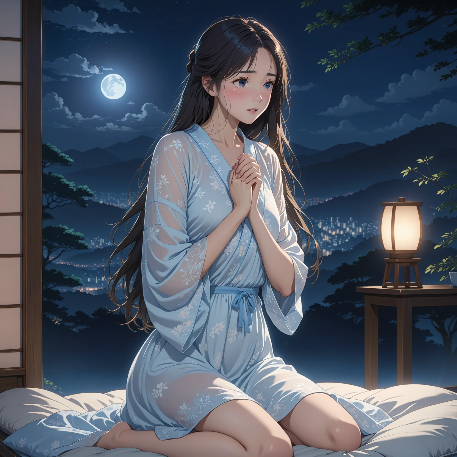 masterpiece, High resolution, illustration, kyoto animation style, Your name is cinematic style, night, midnight, moonlight, (female:1.3), (alone:2), long eyelashes, long hair, nose blushing, futon, embarrassed, transparent nightdress, cowboy shot, Hide with hands , Hide with hands, full gorgeous body, wide hips.