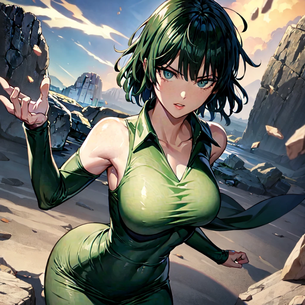 Anime-Kunststil, Fubuki aus One Punch Man, grüne Haare, weiße Haut, trägt ein Kleid mit V-Ausschnitt, über zerstörten Felsen fliegen, Kinolichter, errötende Wangen, leichtes Lächeln, detaillierte kleine Brust, Breite Hüften, Nicht für die Arbeit geeignet, Cowboy-Schuss.