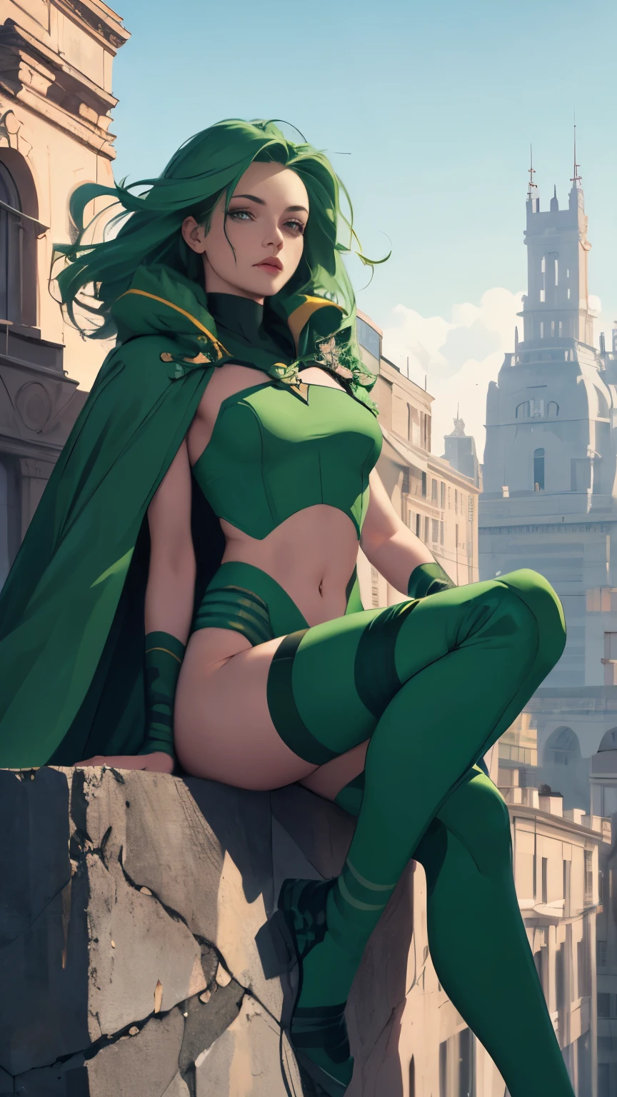 (Highly quality, masterpiece, detailed), city detailed scenario, city detailed background, 20 years old girl, solo, Polaris, green hair, bodysuit, cape, helmet, green crop top, thigh highs, sitting on top of a building, navel, perfect face, beautiful eyes, looking at the viewer, Sexy pose
