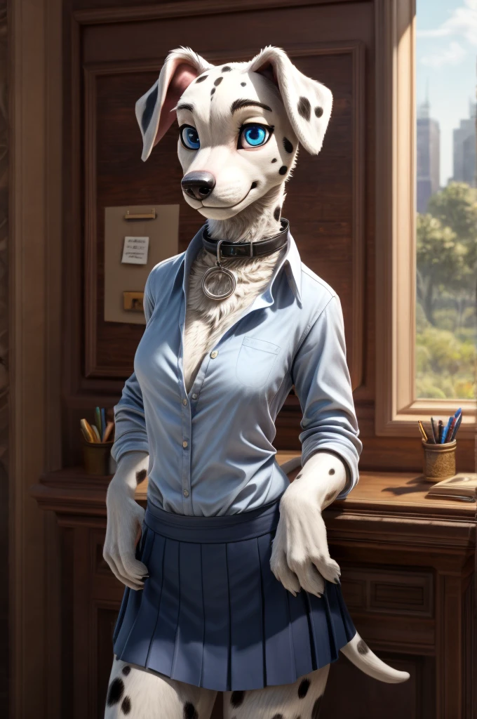 Slim, thin, female, more cute, sky blue eyes, 4 fingers, dalmatian tail, a close up of a dalmatian anthro wearing unbuttoned office skirt close to a mirror, black collar, smooth fur, anthro art, anthro portrait, masterpiece anthro portrait, anthro, anthro digital art, anthro paw pov art, pov furry art, furry character portrait, female fursona, commission for high res, furry art, high quality portrait, portrait of an anthro dalamtian, photorealistic anthro 