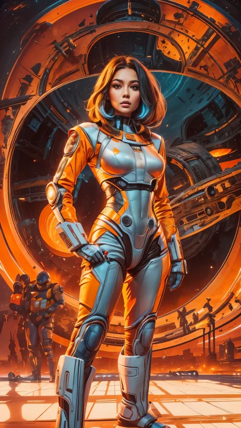 arafed image of a woman in a futuristic suit with a spaceship in the background, movie art, in front of an orange background, in...