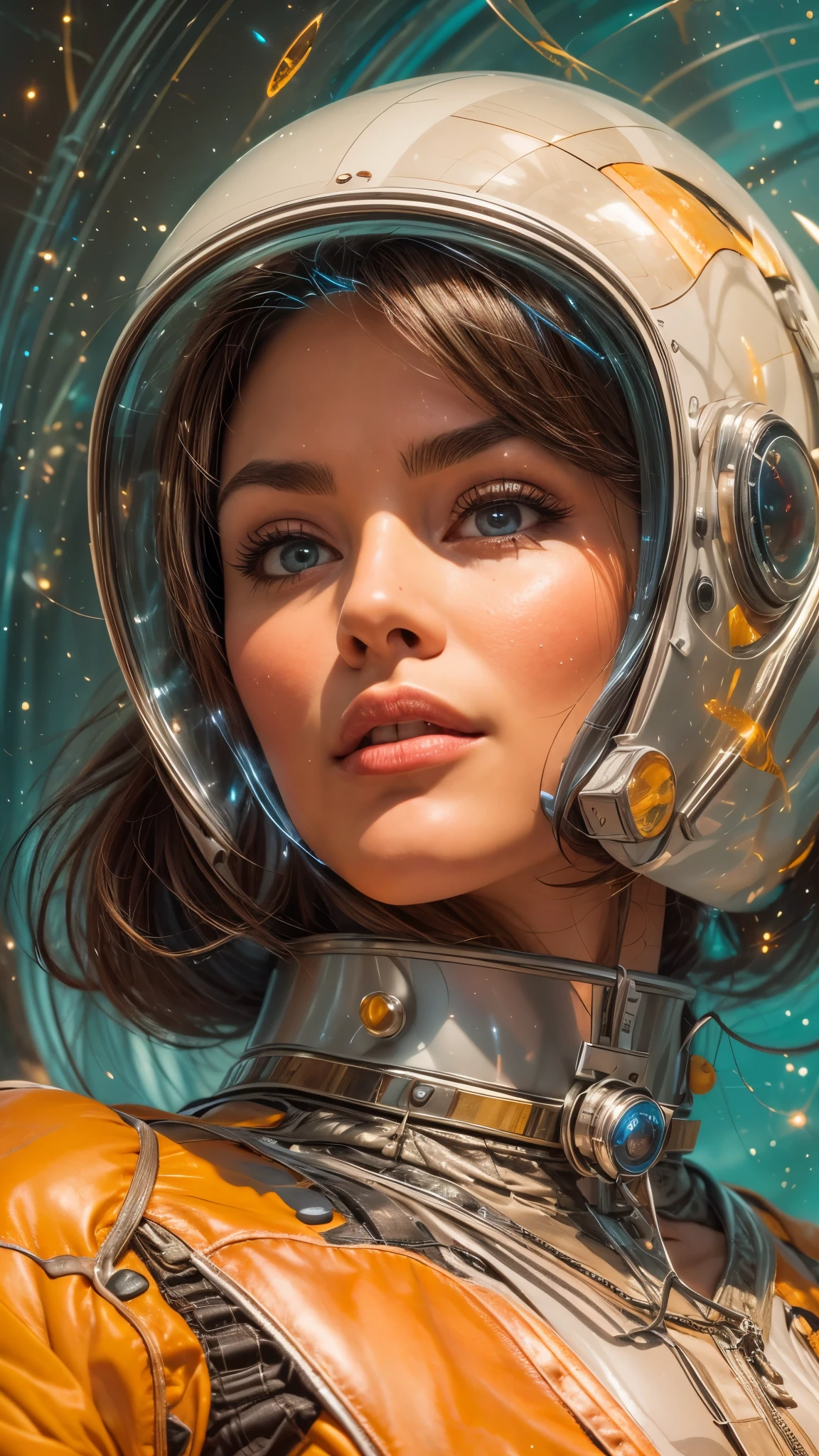 arafed image of a woman in a futuristic suit with a spaceship in the background, movie art, in front of an orange background, inspired by Robert McGinnis, female protagonist, megastructure in the background, portrait of an ai astronaut, astronauts, an astronaut, portrait of a astronaut skeletor, perfect android girl, frank franzzeta and sakimichan  