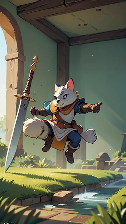 he is jumping to land a magic attack on his opponent, he is in a brutal duel in a war, a cat knight in medieval armor holding a ...